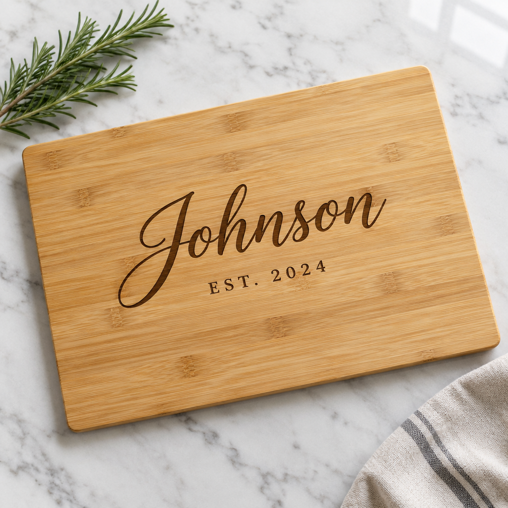 Personalized bamboo cutting board laser engraved with the family name Johnson in script and EST. 2024 below, on a marble counter