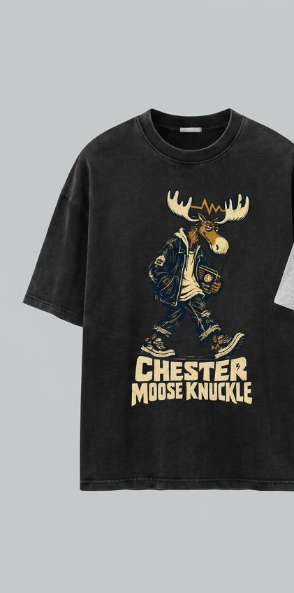 Washed-black boxy T-shirt, front view, with Night Shift Chester walking with an analog radio, cream antlers and brass signal detail above the brand name; design mockup.
