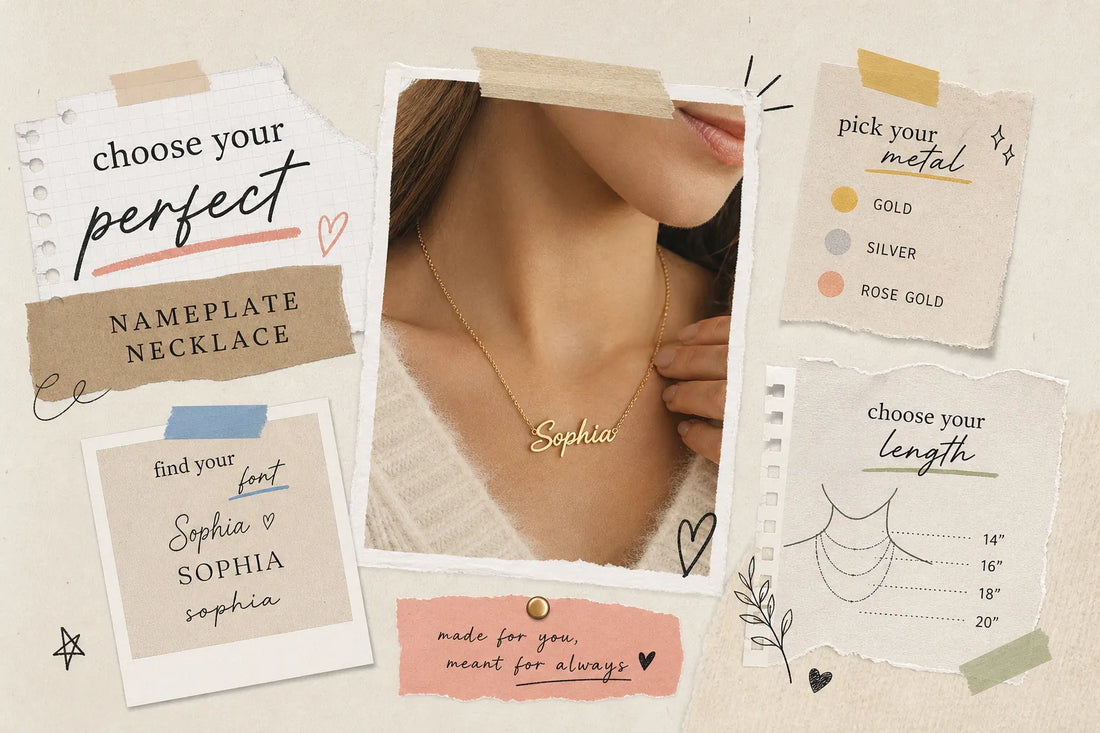 Personalized name plate necklace with a cursive script name pendant on a fine chain
