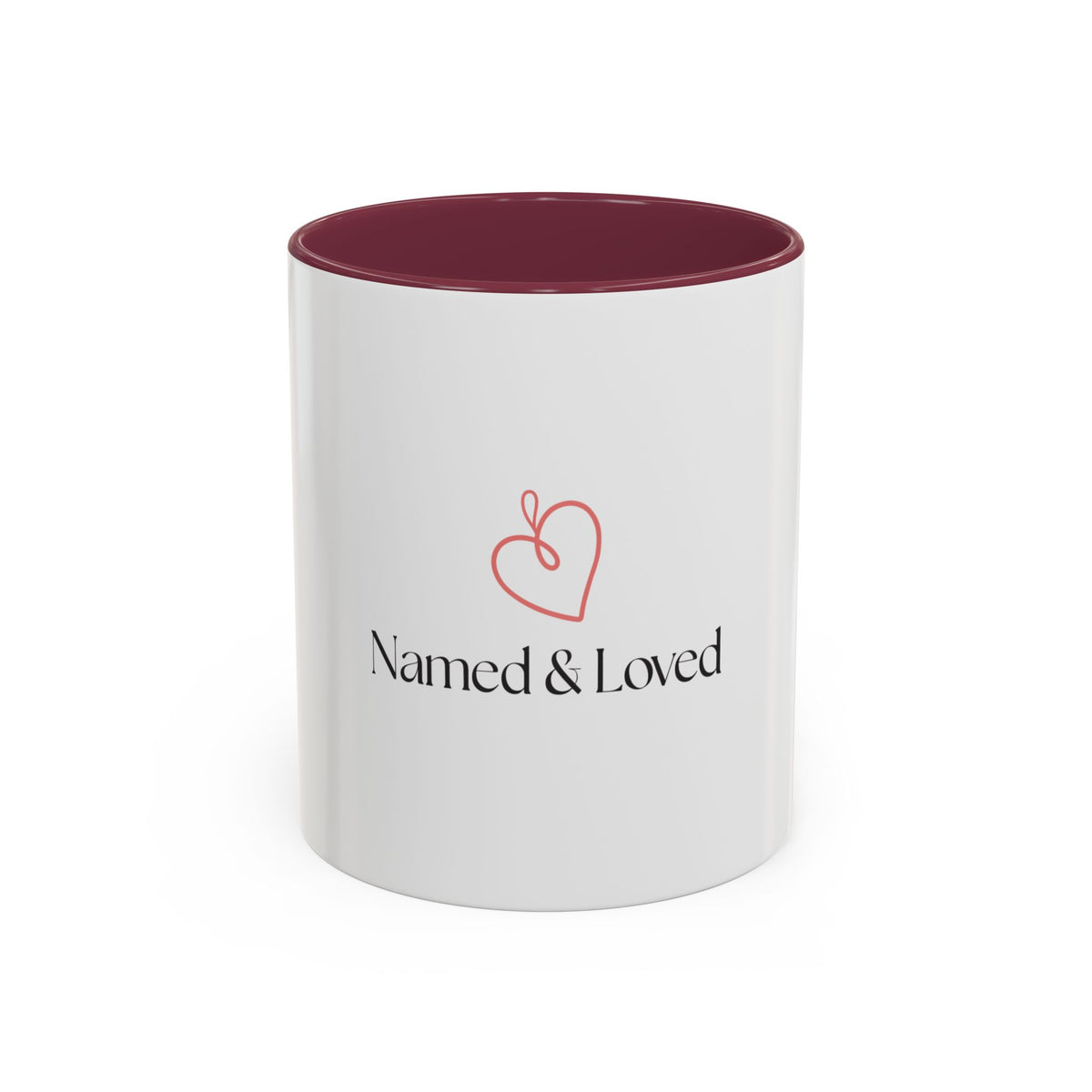 Named & Loved Heart Accent Mug - Two-Tone Coffee Mug 11oz & 15oz, Pink, Red, Maroon, Black