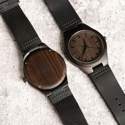 Front dial and engraved back of the personalized wood watch with black strap