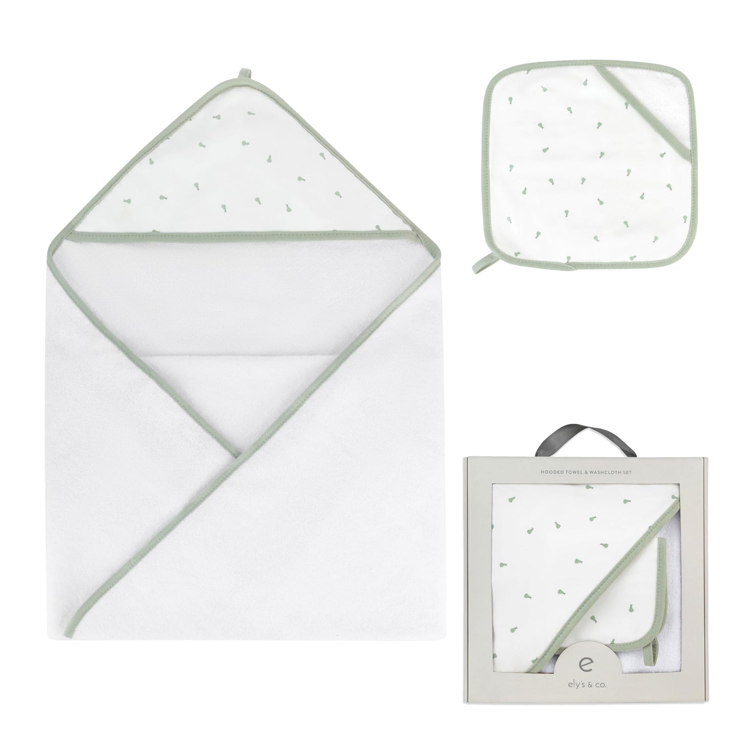 Ely's & Co. Hooded Towel & Washcloth Set – 100% Cotton, Sage Pears | Baby Shower & First Mother's Day Gift