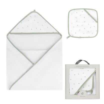 Ely's & Co. Hooded Towel & Washcloth Set – 100% Cotton, Sage Pears | Baby Shower & First Mother's Day Gift