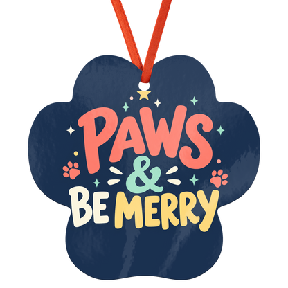 Paws & Be Merry paw print aluminum Christmas ornament with red satin ribbon