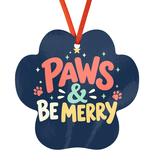 Paws & Be Merry paw print aluminum Christmas ornament with red satin ribbon