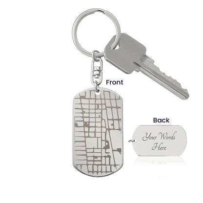 Celebrate life's most special locations with this stunning Engraved Dog Tag Map Keychain