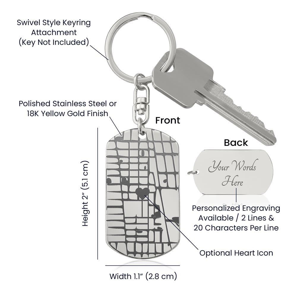 Celebrate life's most special locations with this stunning Engraved Dog Tag Map Keychain