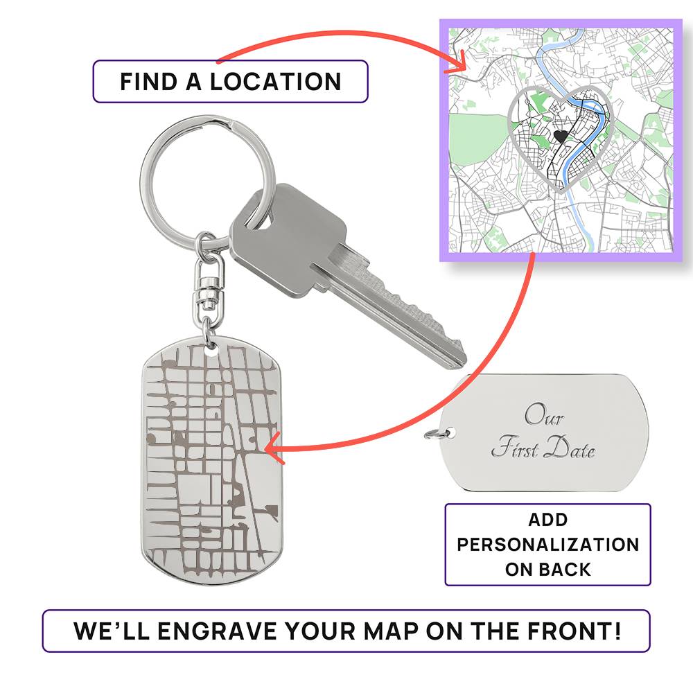 Celebrate life's most special locations with this stunning Engraved Dog Tag Map Keychain