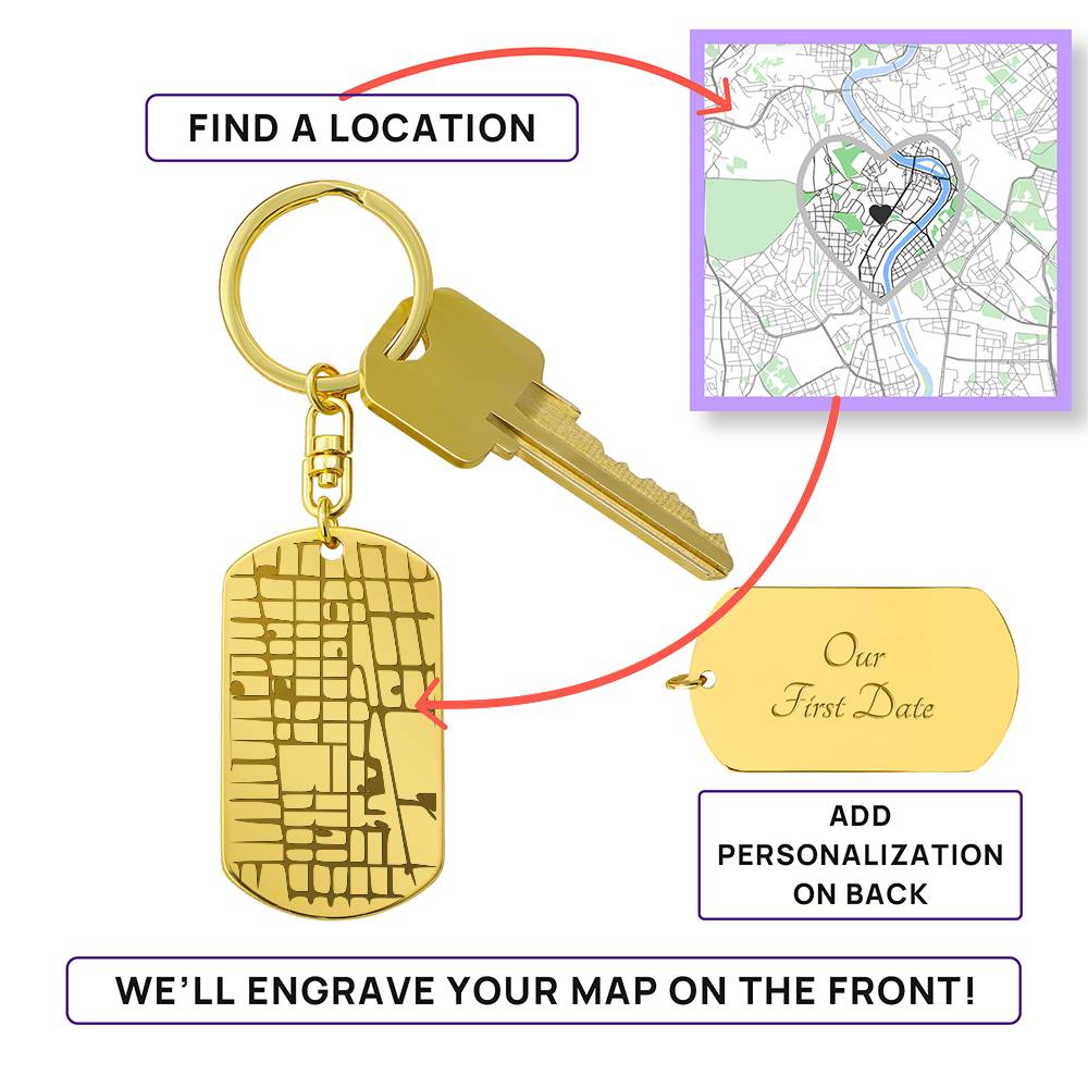 Celebrate life's most special locations with this stunning Engraved Dog Tag Map Keychain