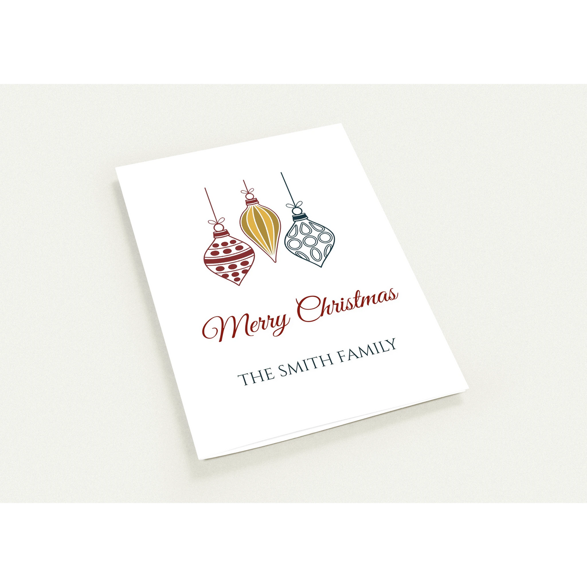 Custom family name holiday greeting card, folded, with illustrated Christmas ornaments - view 2