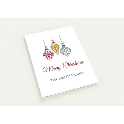 Custom family name holiday greeting card, folded, with illustrated Christmas ornaments - view 2