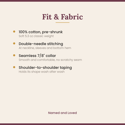 Fit and fabric details: 100 percent pre-shrunk cotton, 5.3 oz, double-needle stitching, seamless collar