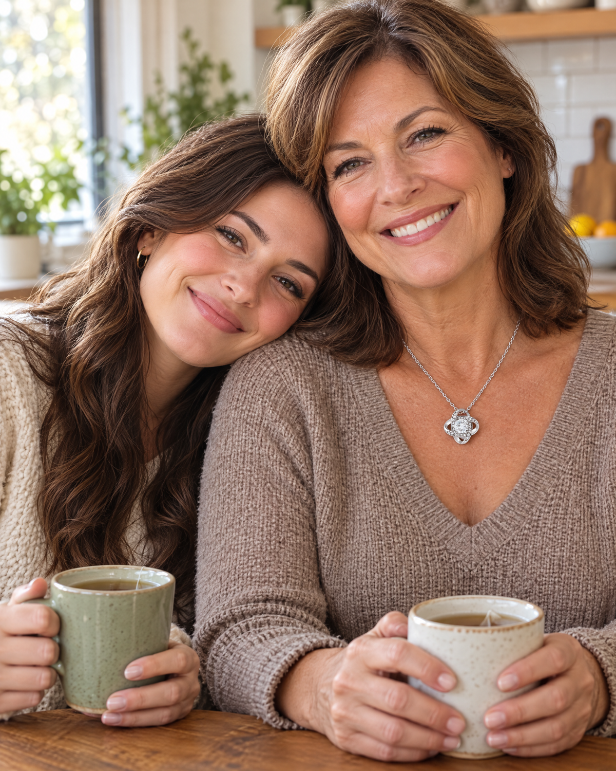 Daughter resting her head on her mom's shoulder; mom wears the Love Knot necklace