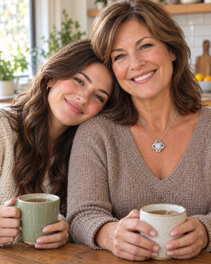 Daughter resting her head on her mom's shoulder; mom wears the Love Knot necklace