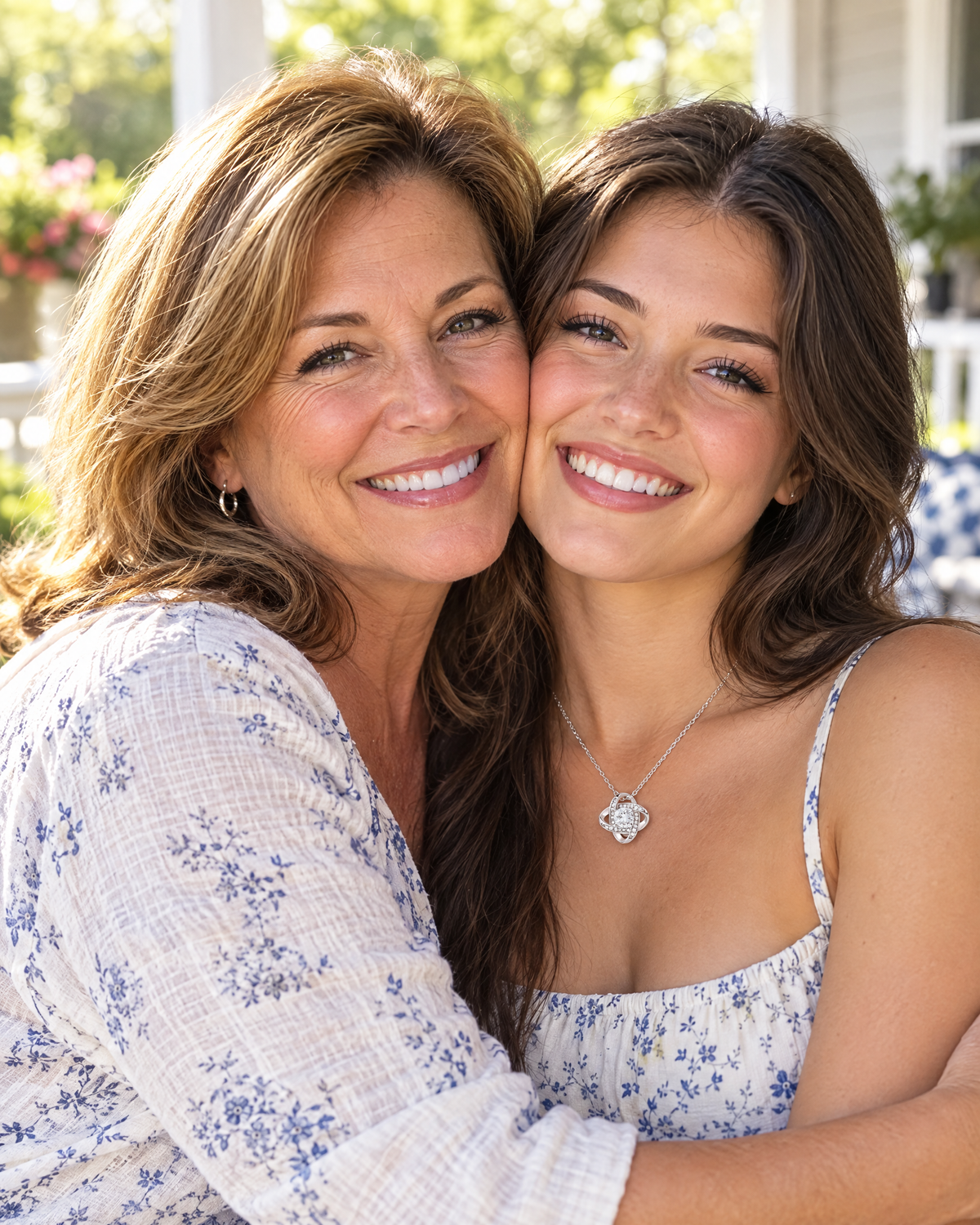 Mother hugging her daughter, who is wearing the Love Knot necklace