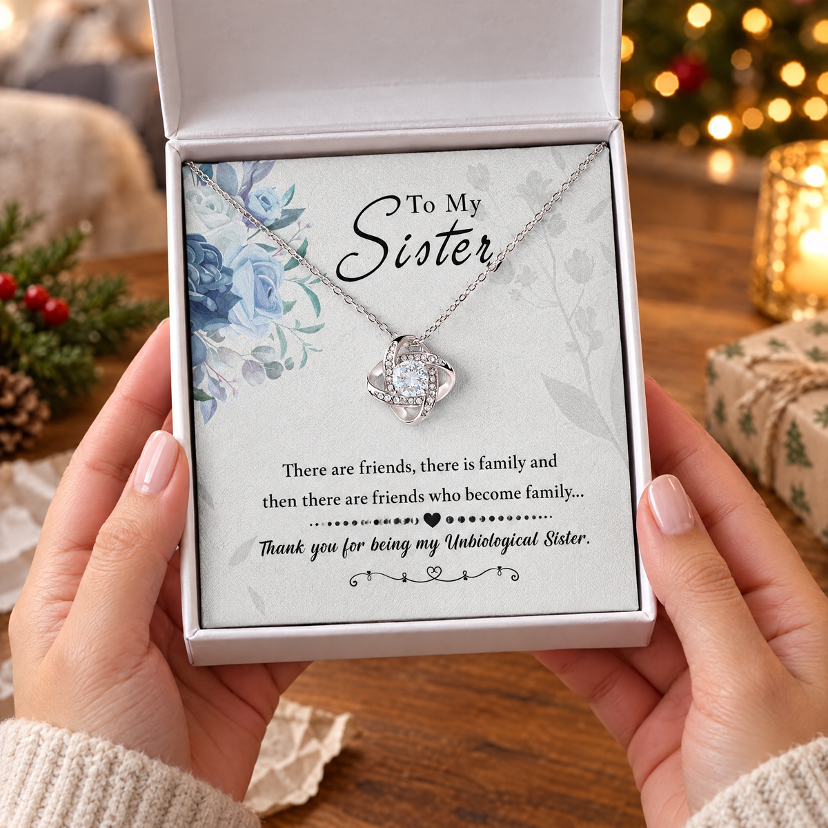 Gift box with the Love Knot necklace and its printed message card, held in two hands