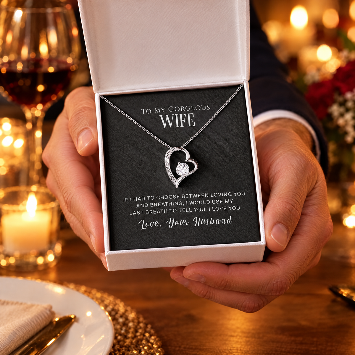 Forever Love heart necklace in its gift box with the printed message card