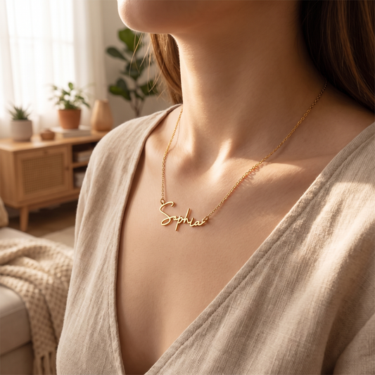 Woman wearing a gold signature-style name necklace reading Sophia