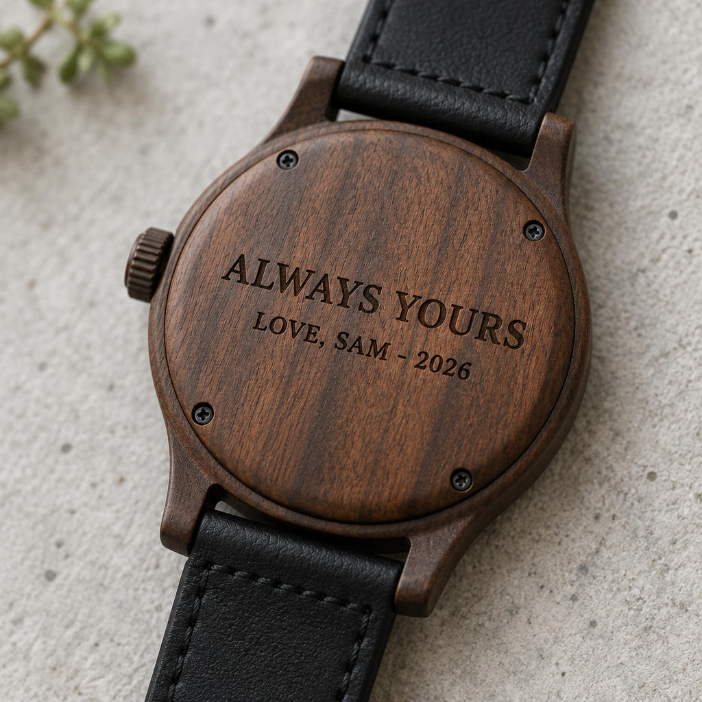 Sample engraving on the back of the personalized wood watch: ALWAYS YOURS / LOVE, SAM - 2026
