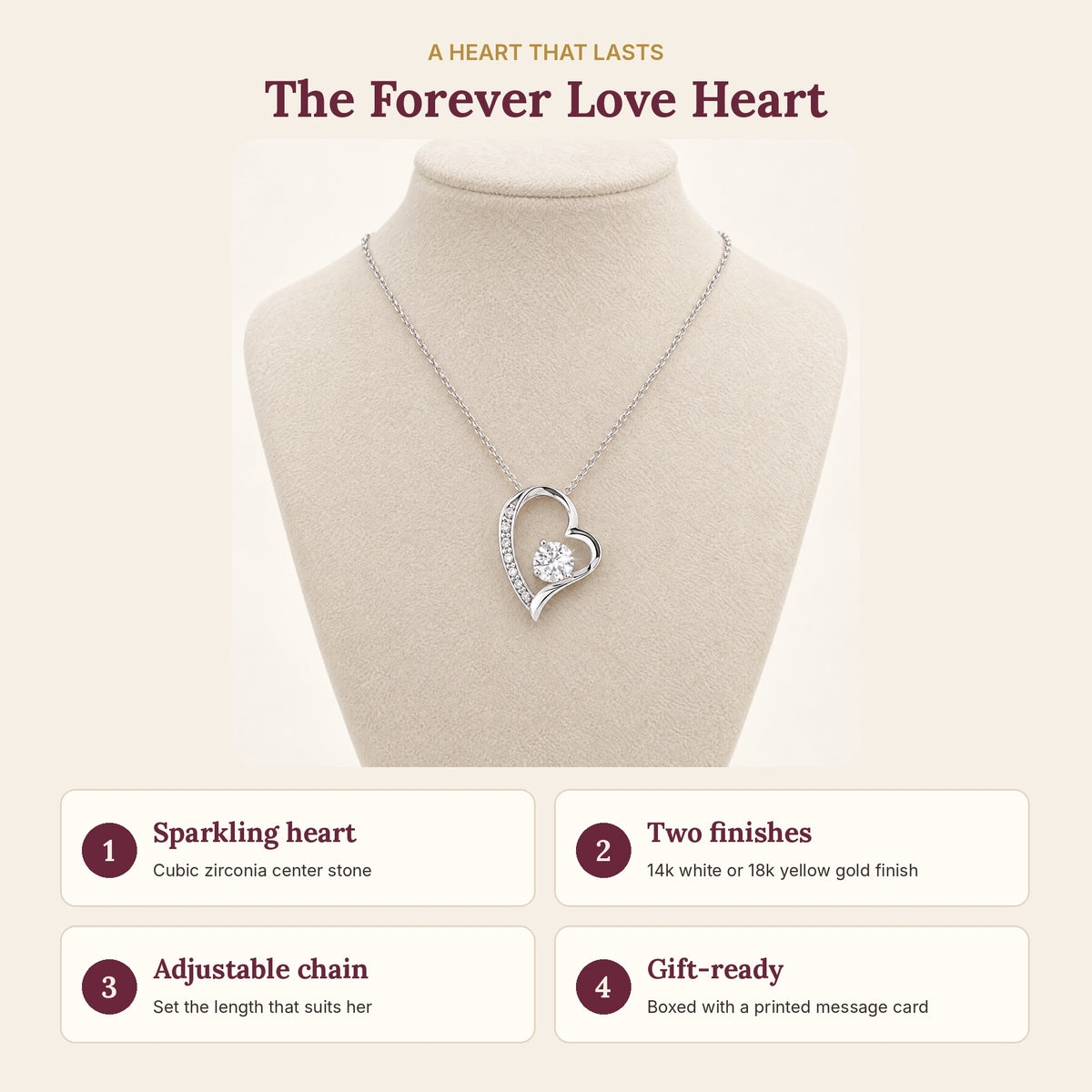 Forever Love heart necklace features: cubic zirconia heart, two finishes, adjustable chain, boxed with message card
