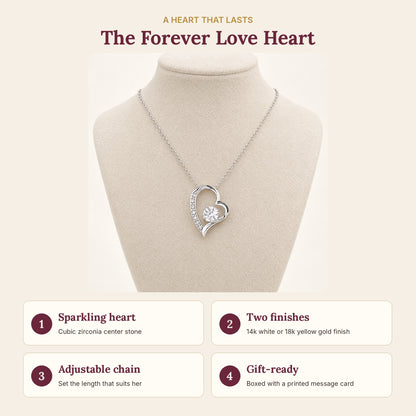 Forever Love heart necklace features: cubic zirconia heart, two finishes, adjustable chain, boxed with message card