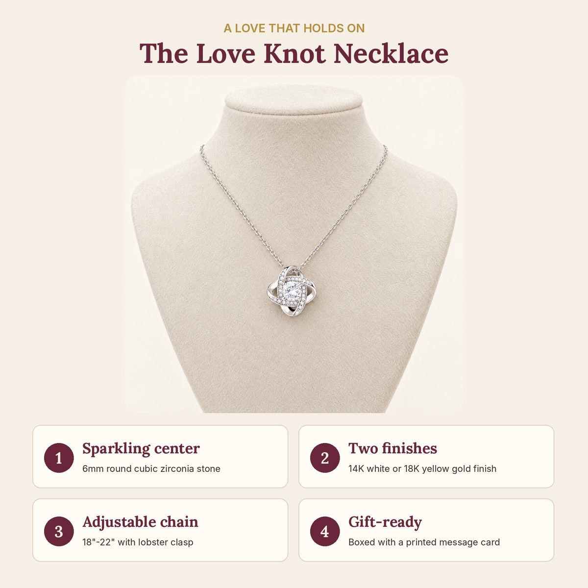 Love Knot necklace features: 6mm cubic zirconia, 14K white or 18K yellow gold finish, adjustable 18-22 inch chain, boxed with a message card