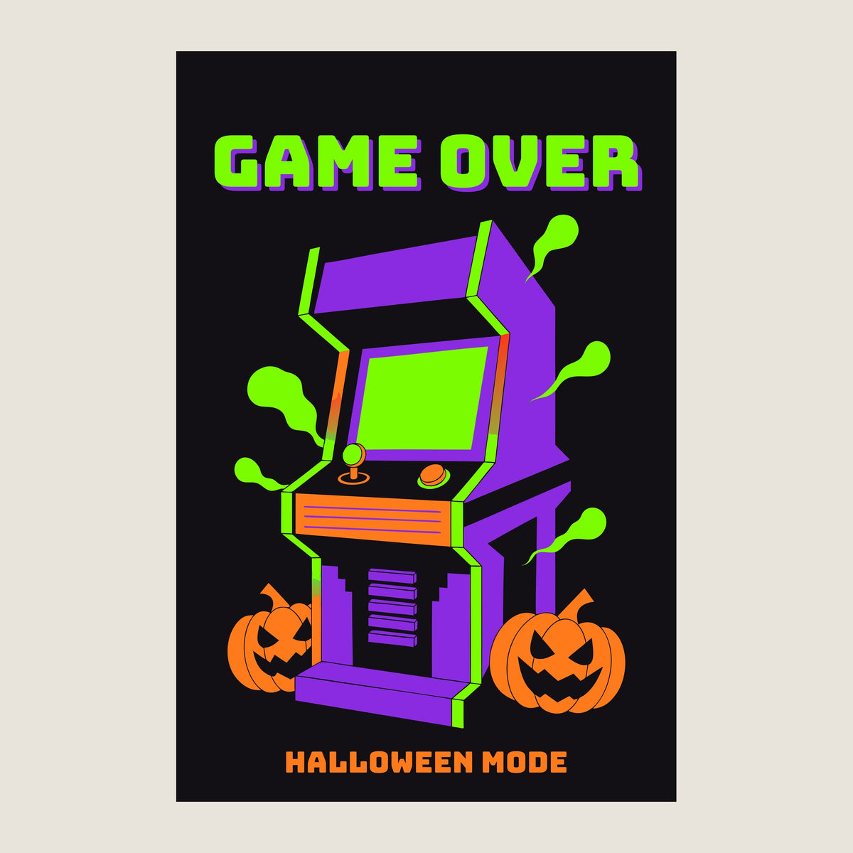 Retro Game Over Halloween poster: purple haunted arcade cabinet with green ghost wisps and two carved pumpkins, GAME OVER headline and HALLOWEEN MODE caption