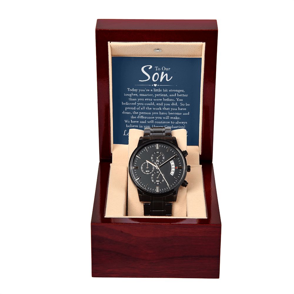 Personalized engraved black chronograph watch gift for son from Mom and Dad