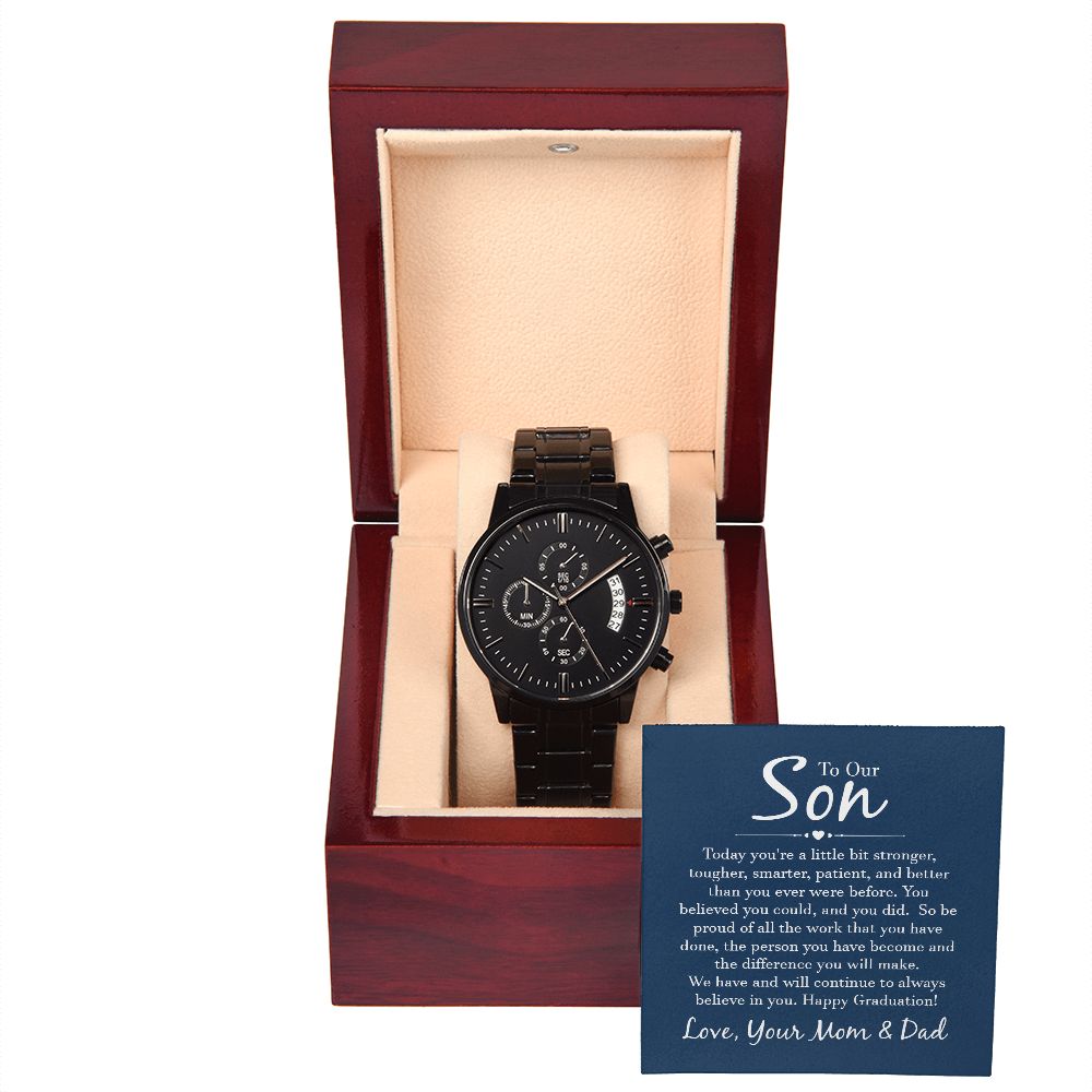Personalized engraved black chronograph watch gift for son from Mom and Dad