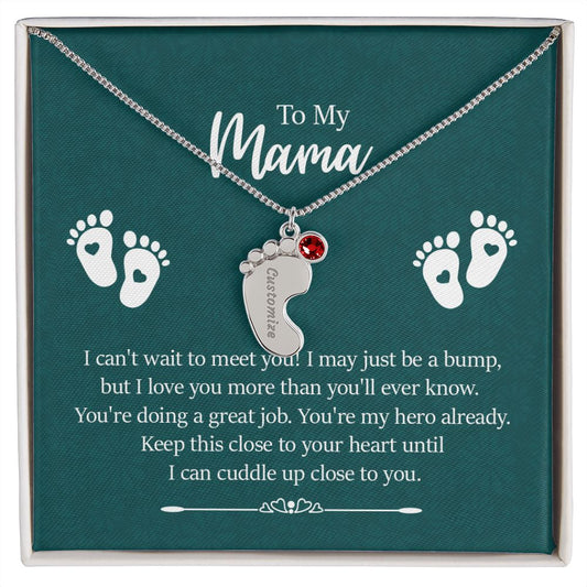 Engraved baby feet birthstone necklace, a personalized new-mom gift