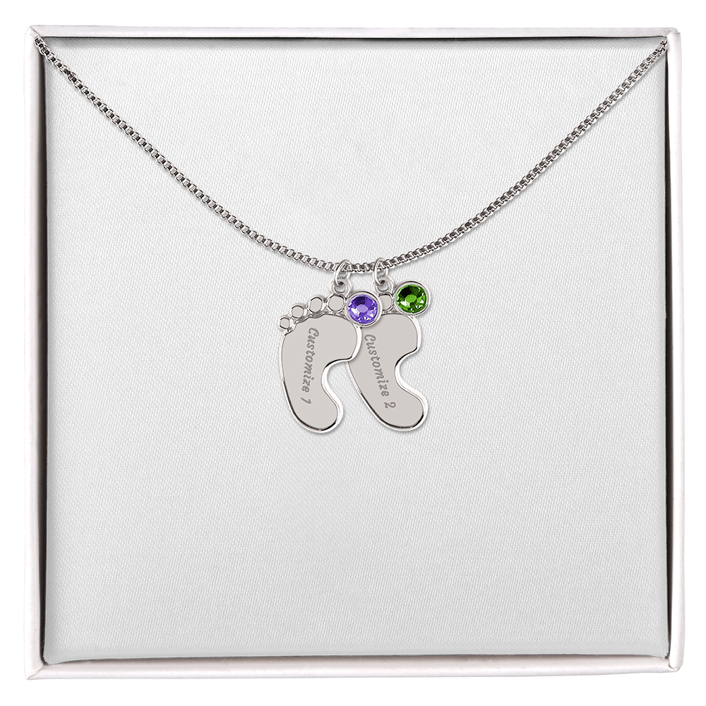 Engraved Baby Feet with Birthstones Necklace - For My Mama