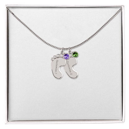 Engraved Baby Feet with Birthstones Necklace - For My Mama